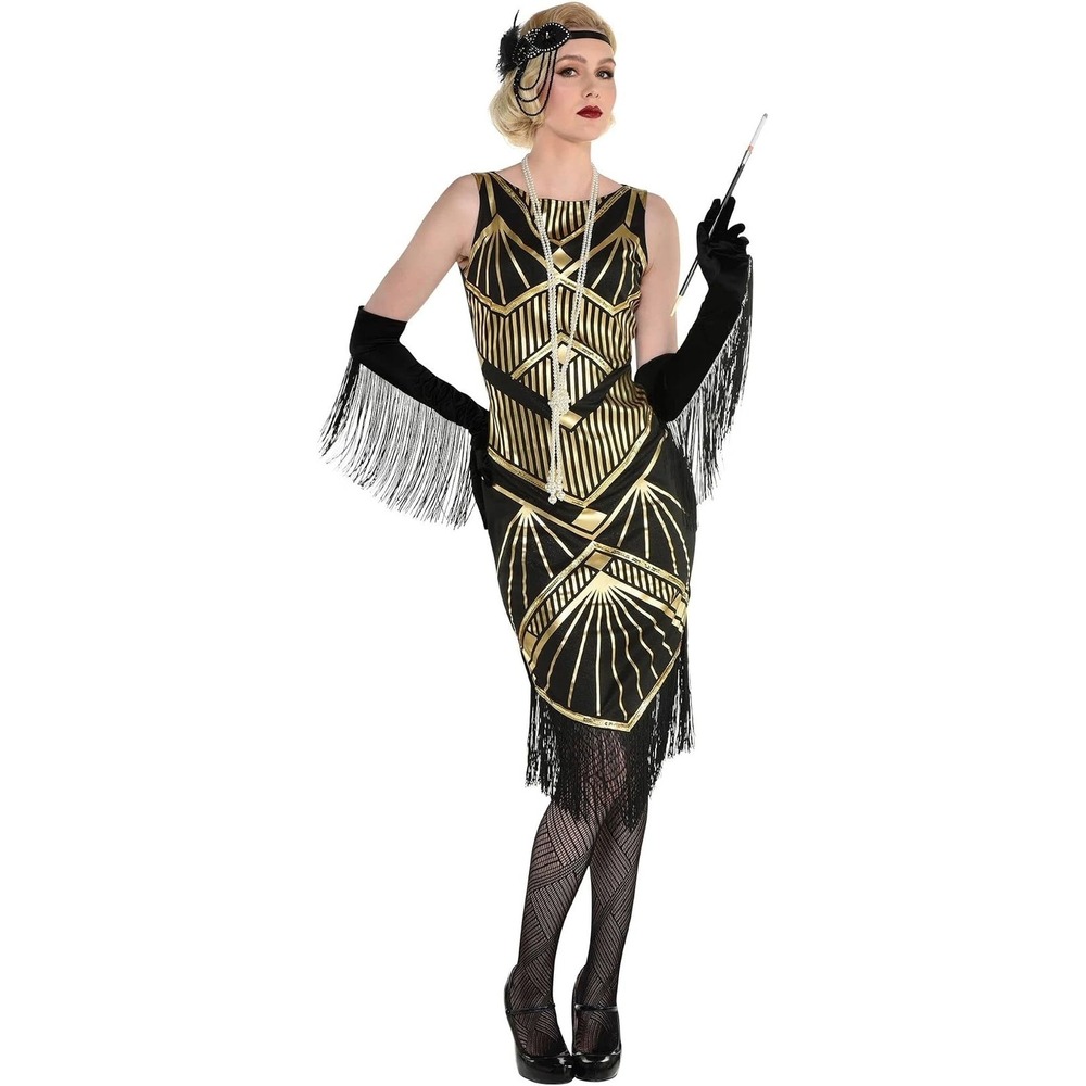 Suit Yourself Womens Roaring 20s Flapper Black Gold Size XL 14-16 Fringe NEW
